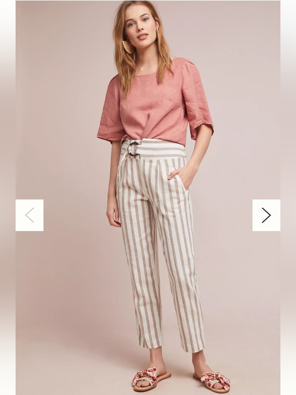 Anthropologie Taupe & White Striped High-Waist Cropped Pants